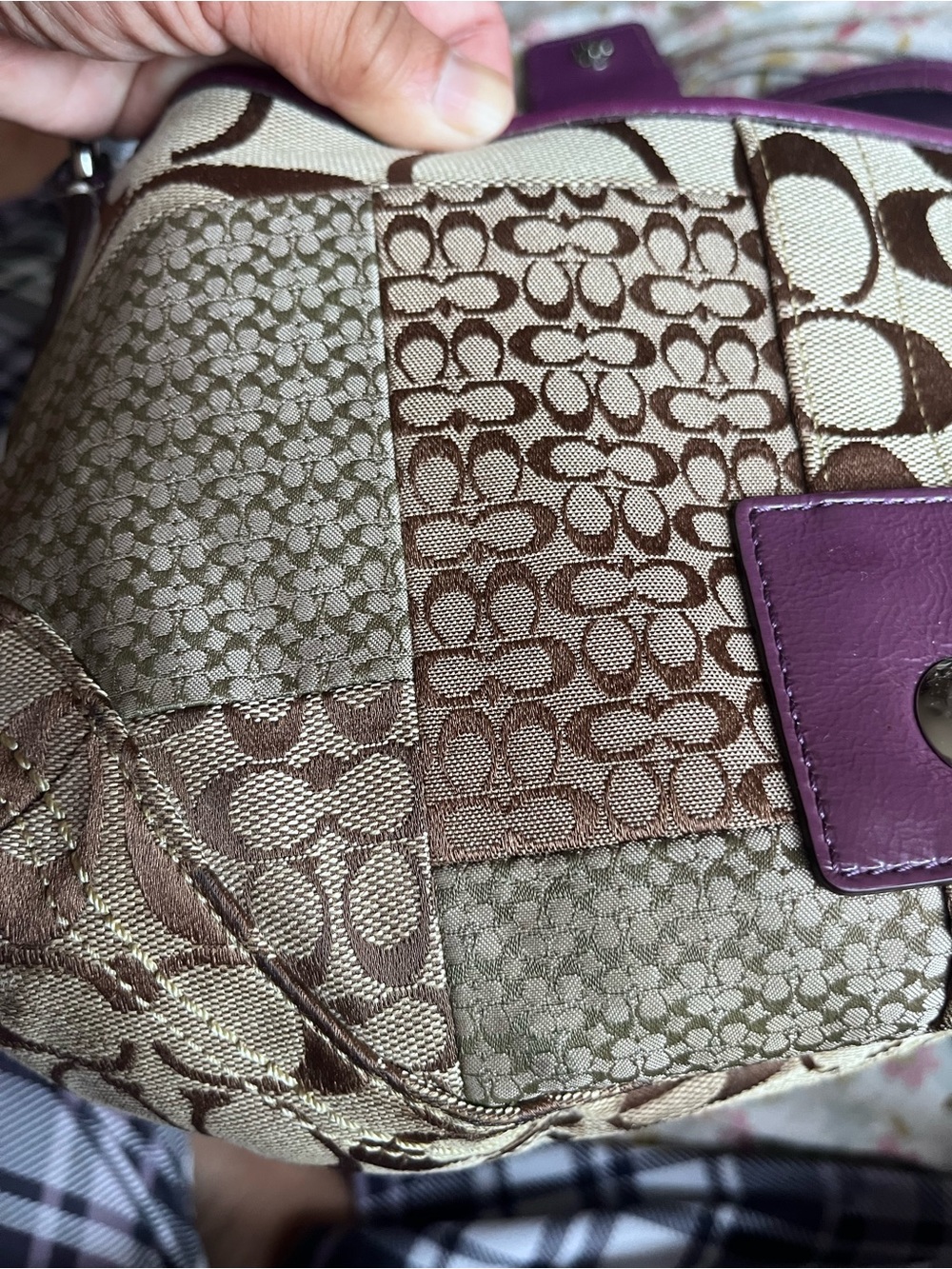Coach Brown Signature Patchwork Shoulder Bag with Purple Trim - Picture 3 of 12
